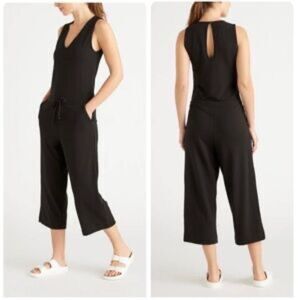 Quince French Terry Modal Vneck Crop Wide Leg Jumpsuit - Black | Size M